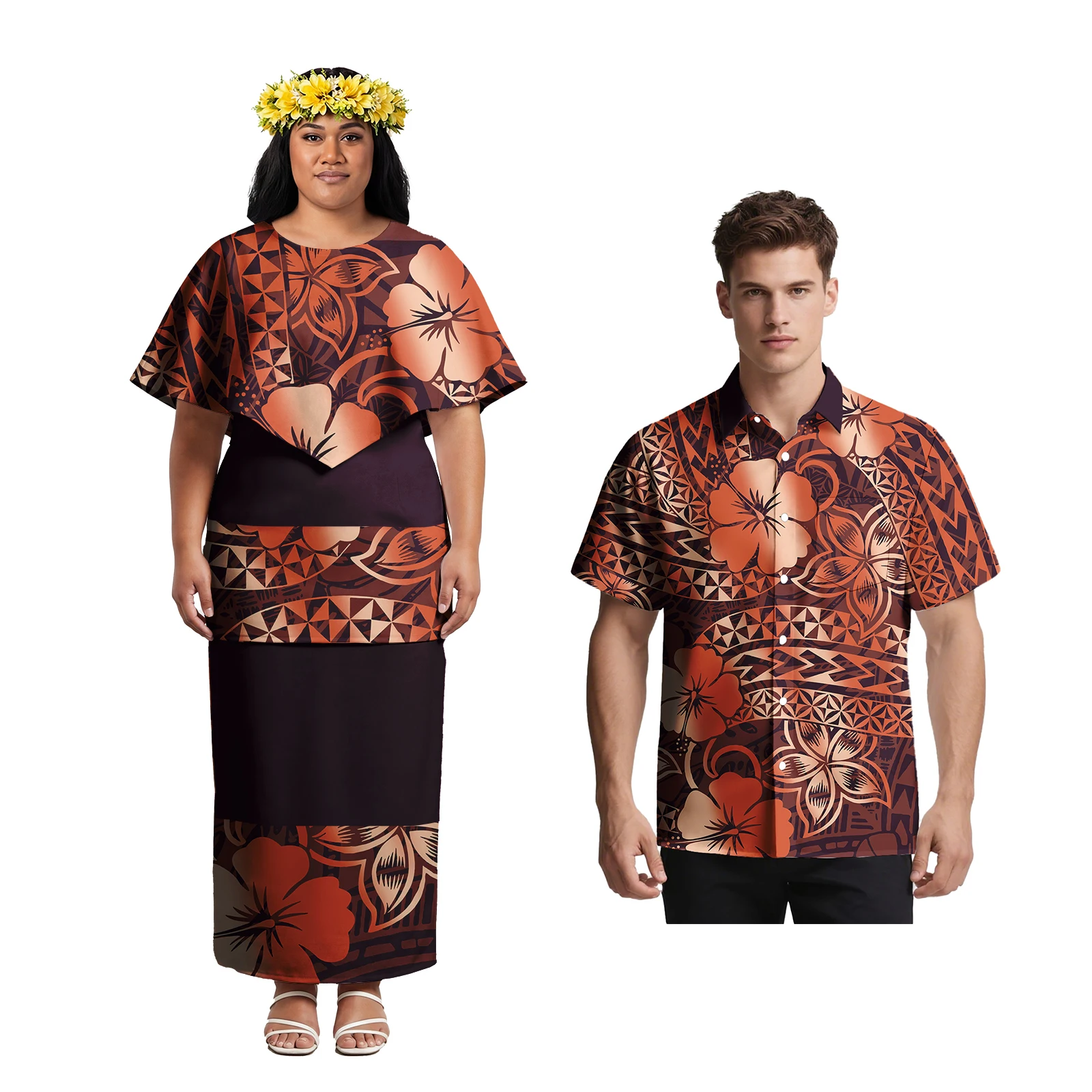 Camisas Polinesias con Bolsillos y Diseño de Volantes para Hombre, Traje Samoano Puletasi de 2 Piezas para Mujer, Estampado de Hojas de Monstera Hawaianas, Conjuntos a Juego para Parejas