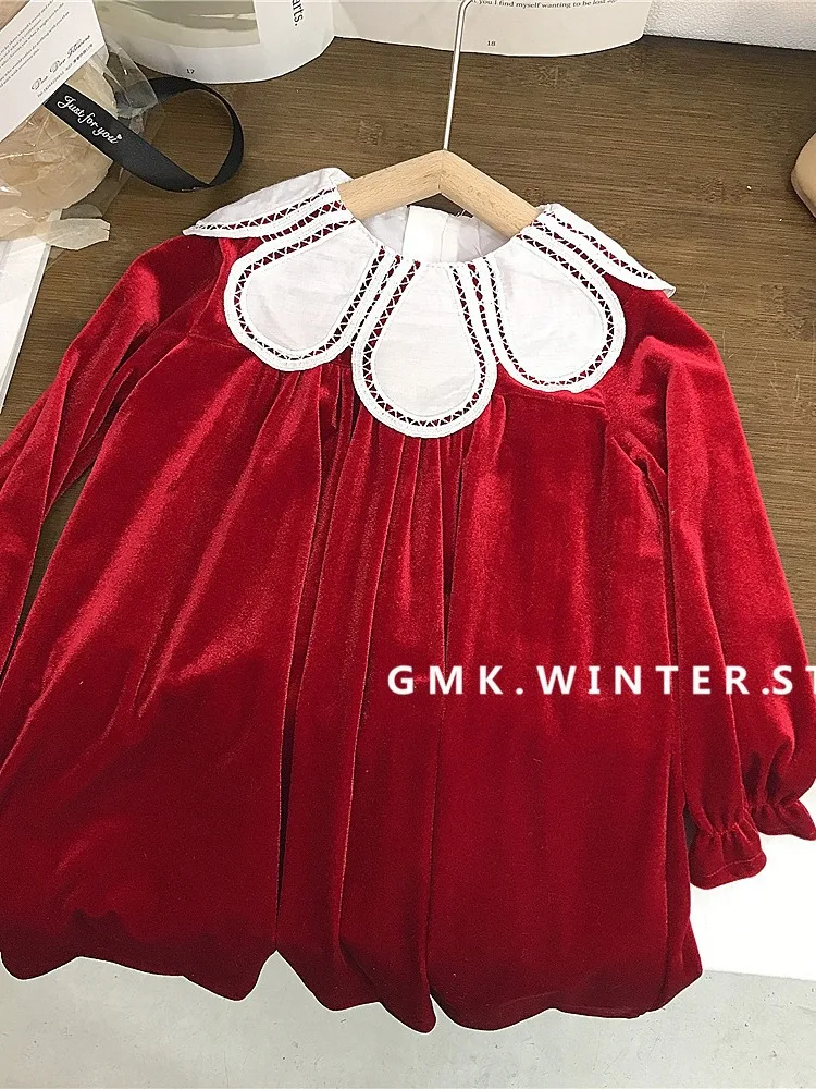 

Girls' Velvet Dress Spring and Autumn New Children's Vintage Style Petal Collar Princess Dress Little Girl Long Dress