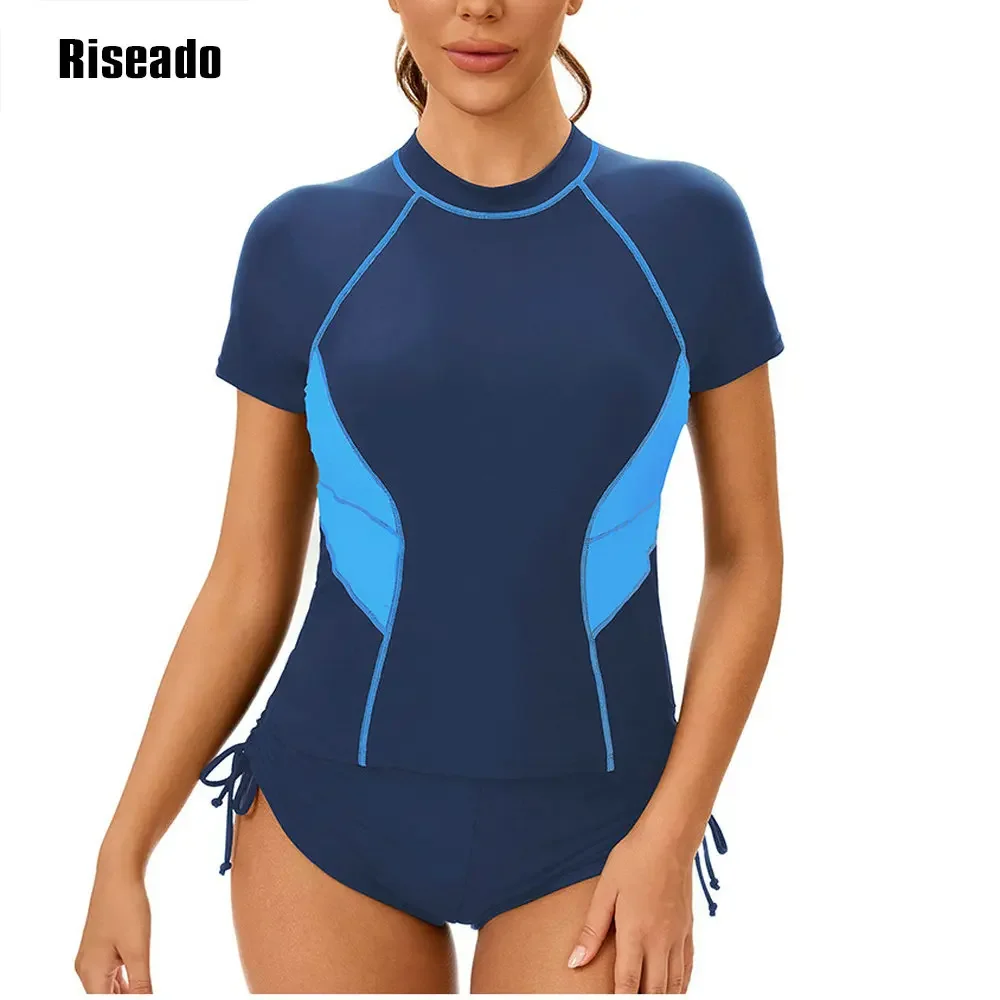 Women's Two Piece Tankini Set Short Sleeve UV Protection Swim Shirt Bathing Suit with Bottoms Bikinis