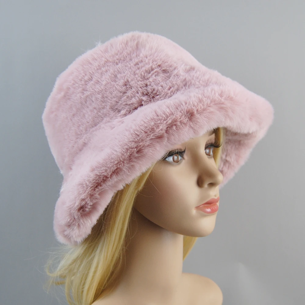 Fake Rabbit Fur Hats 2024 Russian Fashion Ski Beanies Plush Solid Color New Style Super Soft Women Winter Hat Cotton Lining Warm