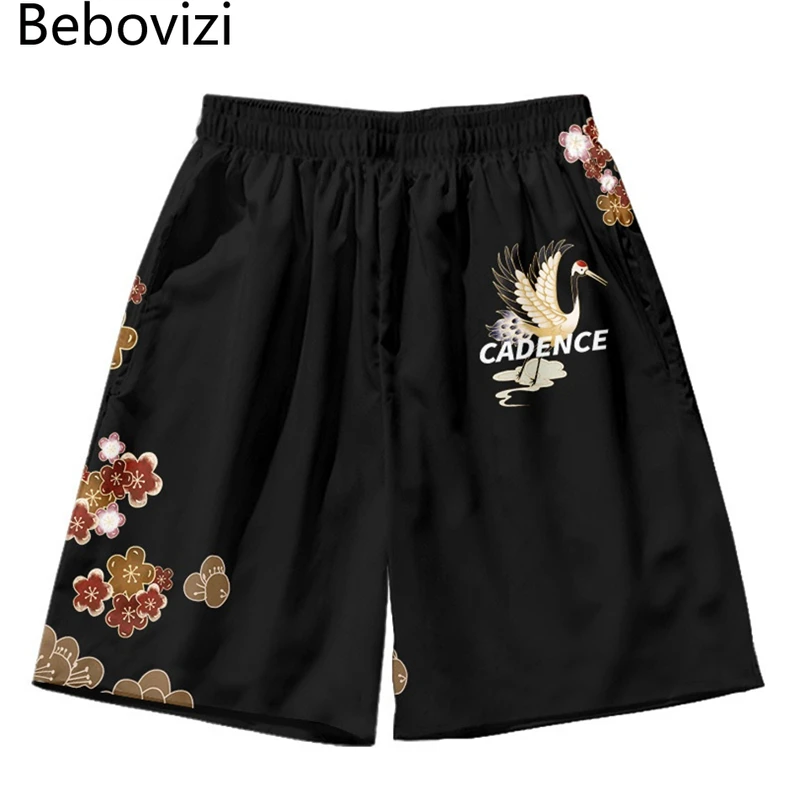 

Casual Loose Japanese Style Crane Print Mens Gym Short Pants Summer Running Shorts Men Sports Jogging Fitness Shorts Plus Size