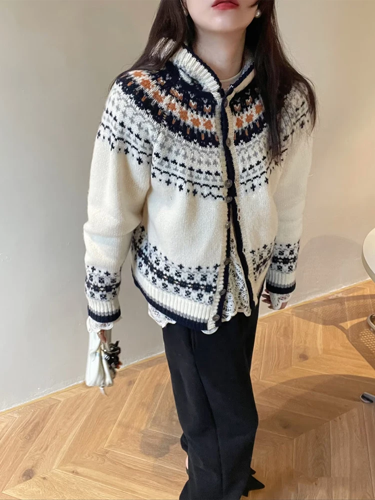 

Sweet Fair Isle Knit Thiened Свободный кардиган Свитер Зимняя верхняя одежда на пуговицах Длинное пальто с капюшоном из полиэфирного волокна Све