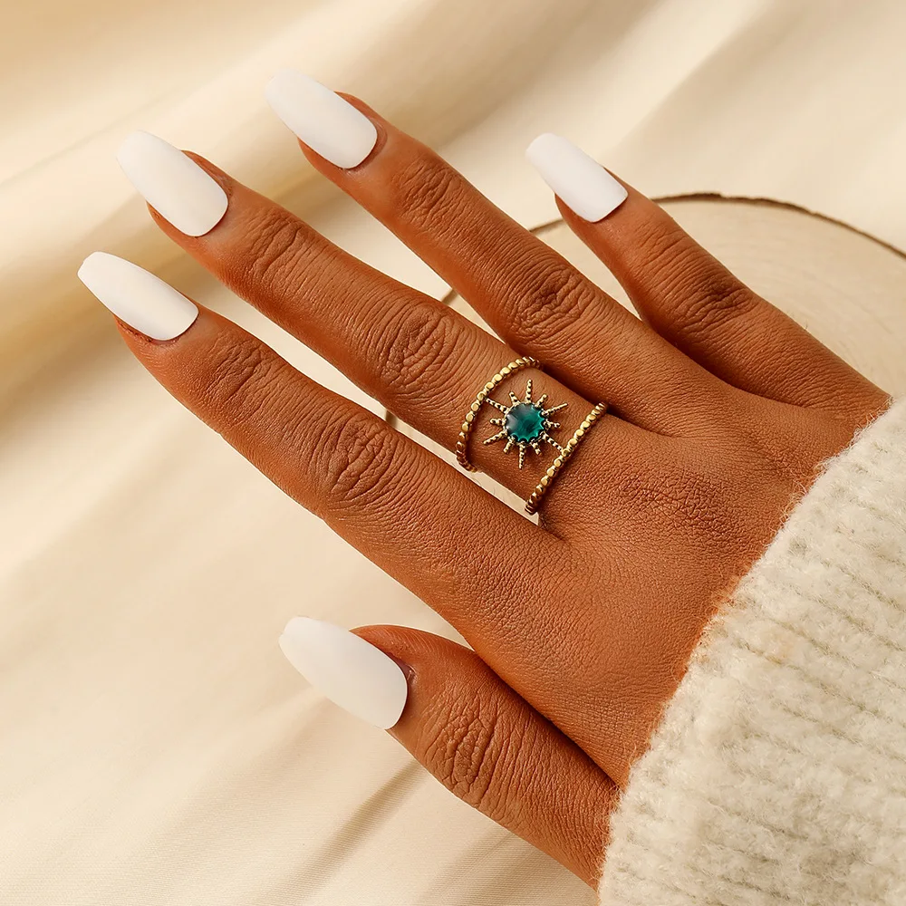 Trendy Boho Gold Silver Color Sun Blue Oil Dripping Opening Ring for Women Fashion Wedding Party Jewelry Wide Alloy Finger Rings