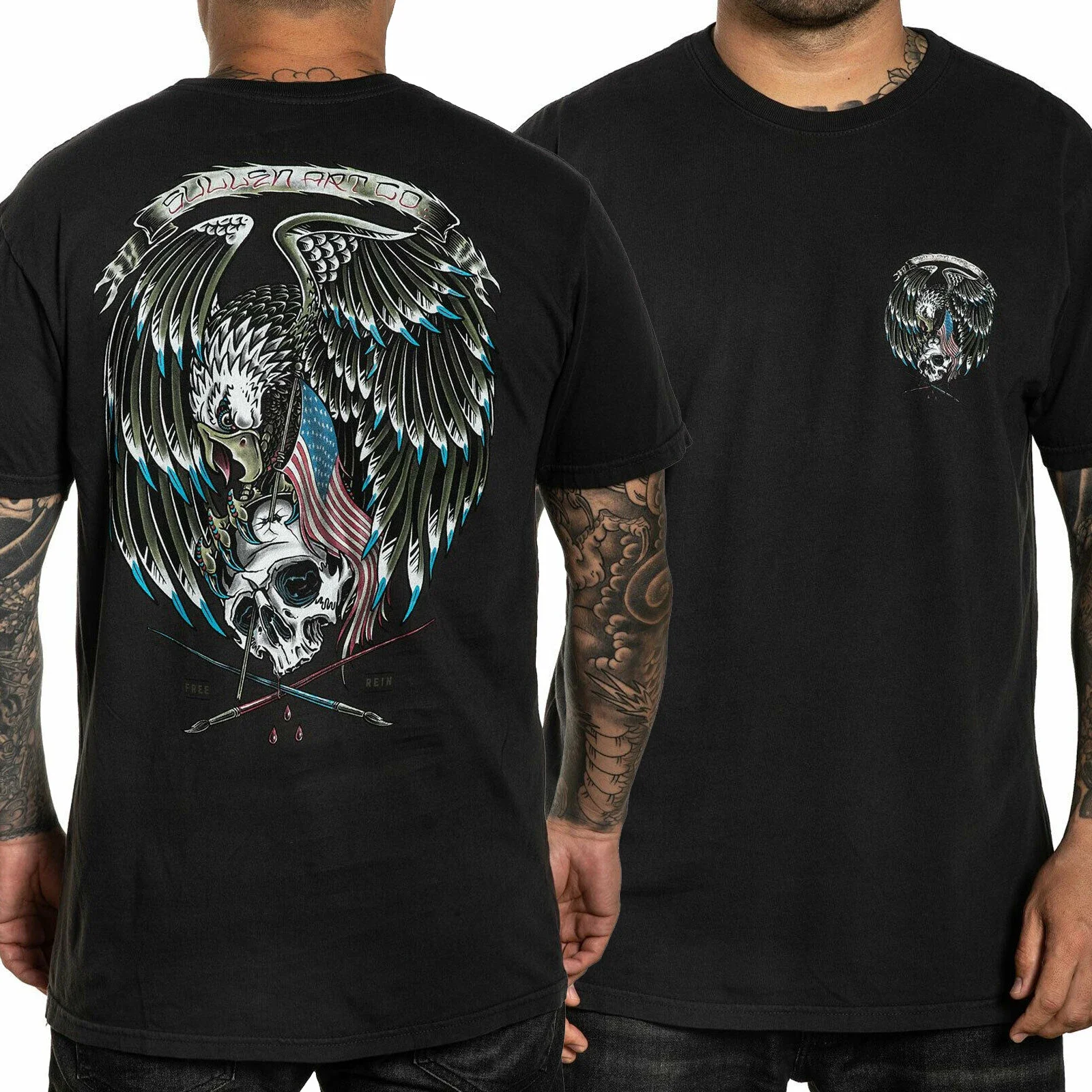 Bald Eagle Skull Flag Tattoo Free Reign Hip-hop Rock T Shirt New 100% Cotton Short Sleeve O-Neck T-shirt Casual Mens Top