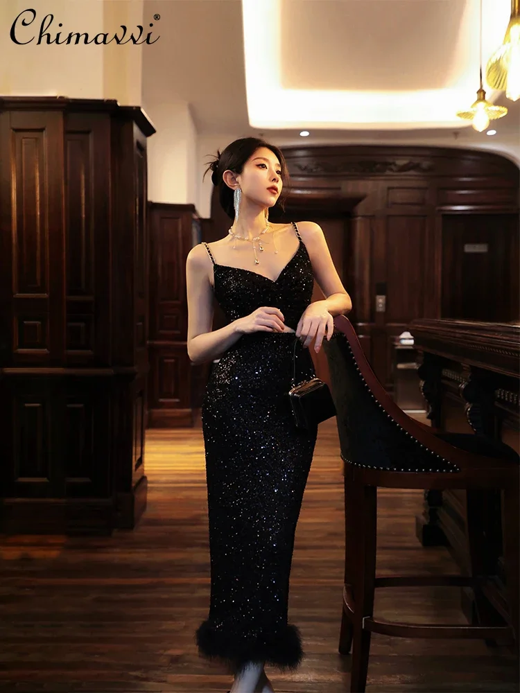 

French Elegant Temperament Socialite Sling Dress V-Neck Backless Hollow High Waist Hip-wrapped Sequins Black Evening Dress Women