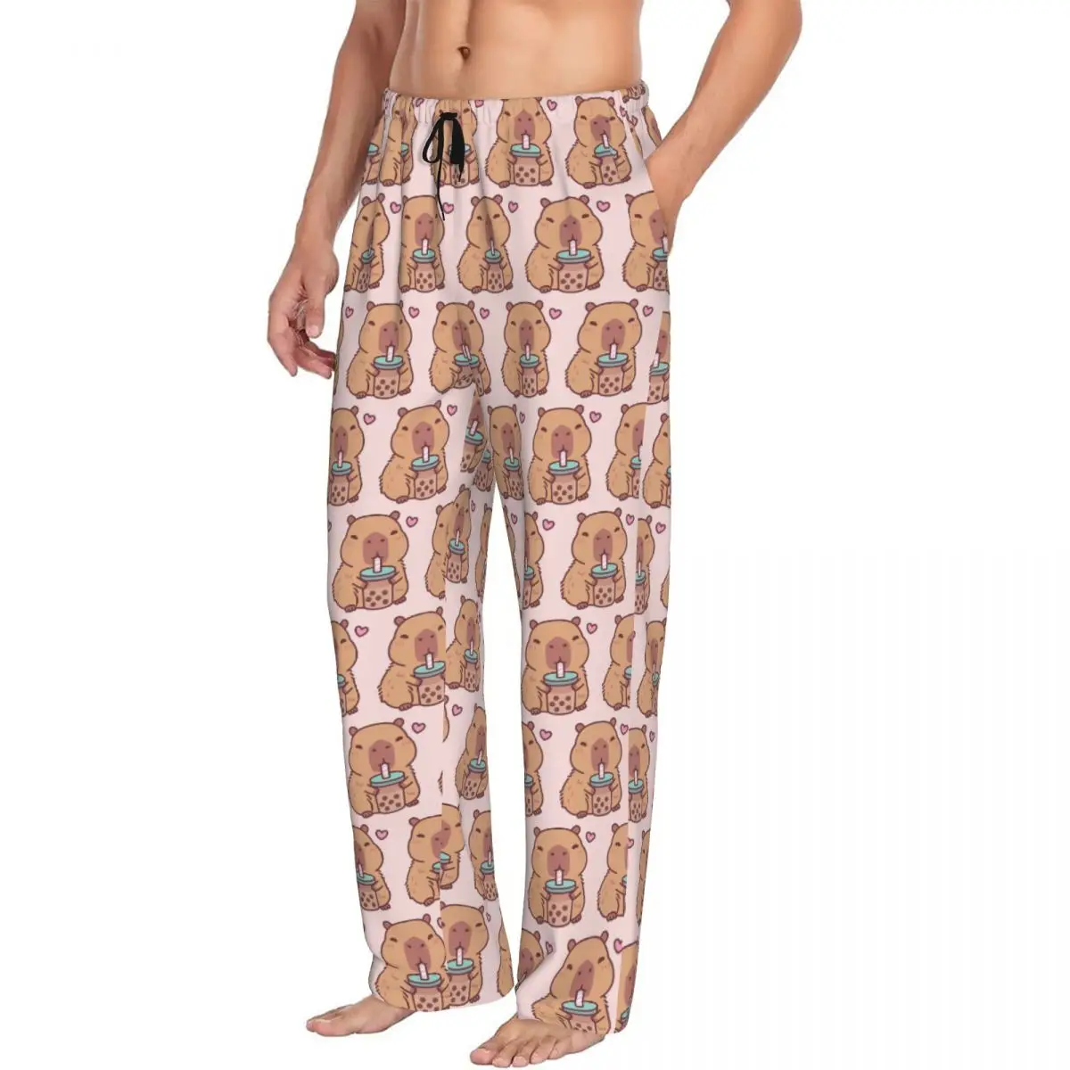 

Пользовательские милые капибары любит питьевой чай с пузырьками, мужские пижамные штаны, одежда для сна для отдыха, низ с карманами