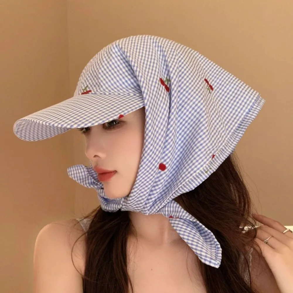 

Versatile Plaid Headscarf Baseball Cap Sweet Korean Style Sunscreen Beach Hats Cherry Embroidered Sunscreen Peaked Cap Outdoor