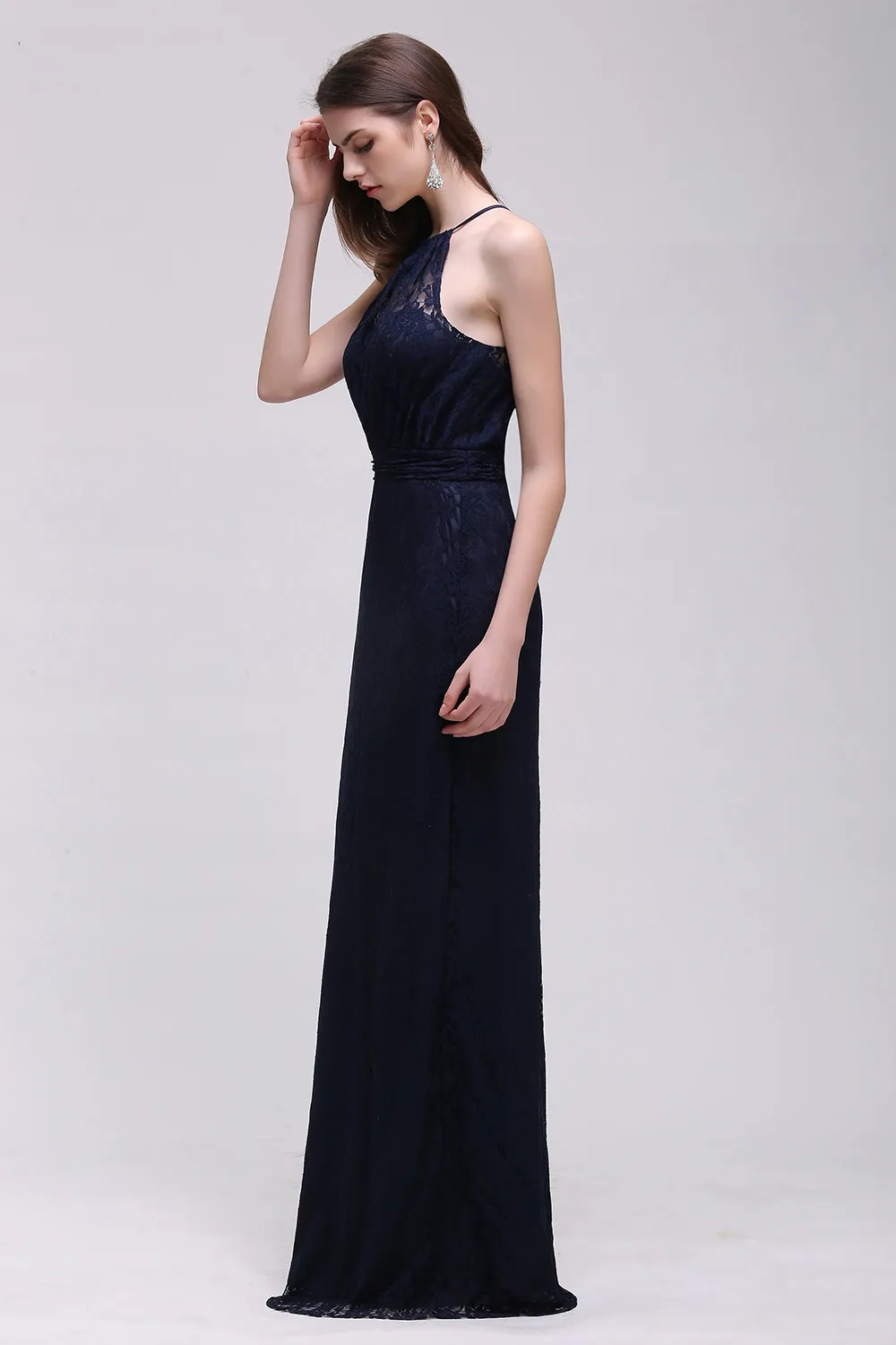 MisShow Navy Blue Halter Lace Long Evening Dress Chiffon Straps Wedding Formal Party Event Prom Gown For Bride Vestido De Gala