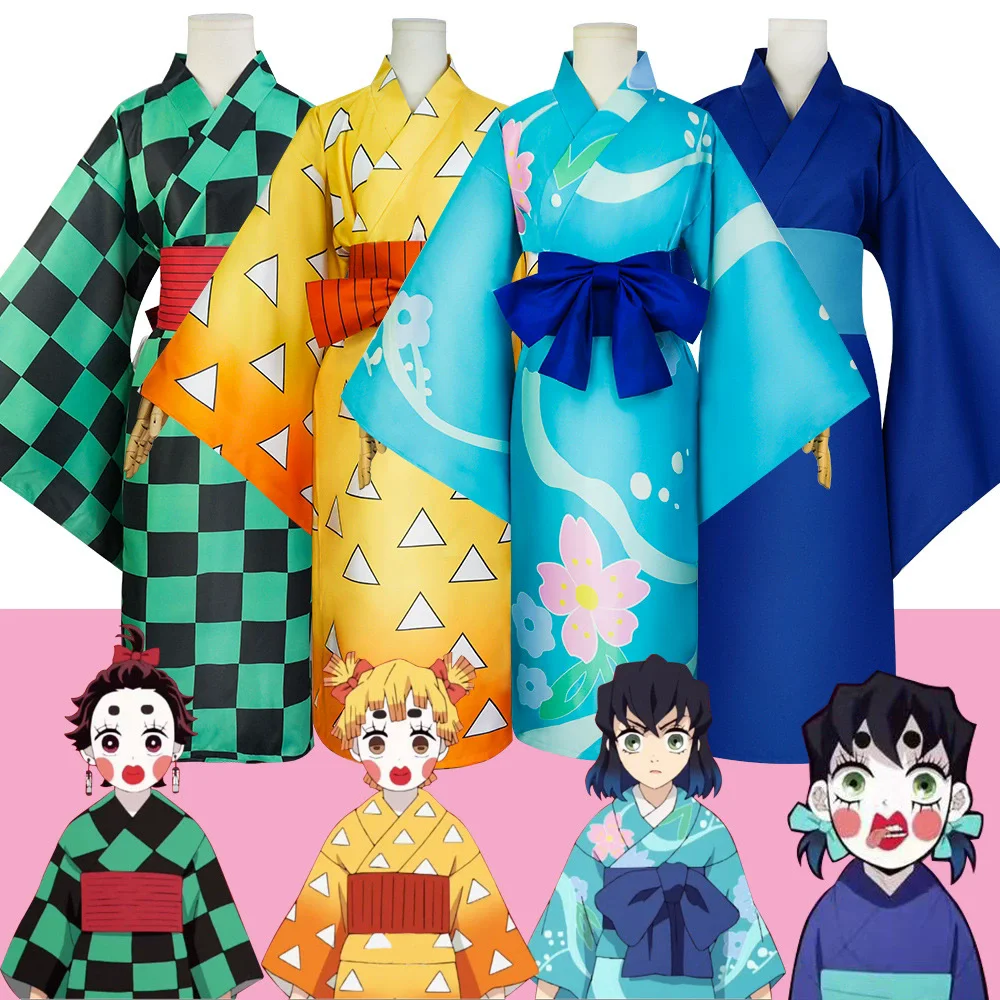 Kimet Su No Yaiba Temporada 2 Agatsuma Zenitsu Kimono Anime Cosplay disfraz Kamado Tanjirou Hashibira Inosuke vestido tipo kimono estampado
