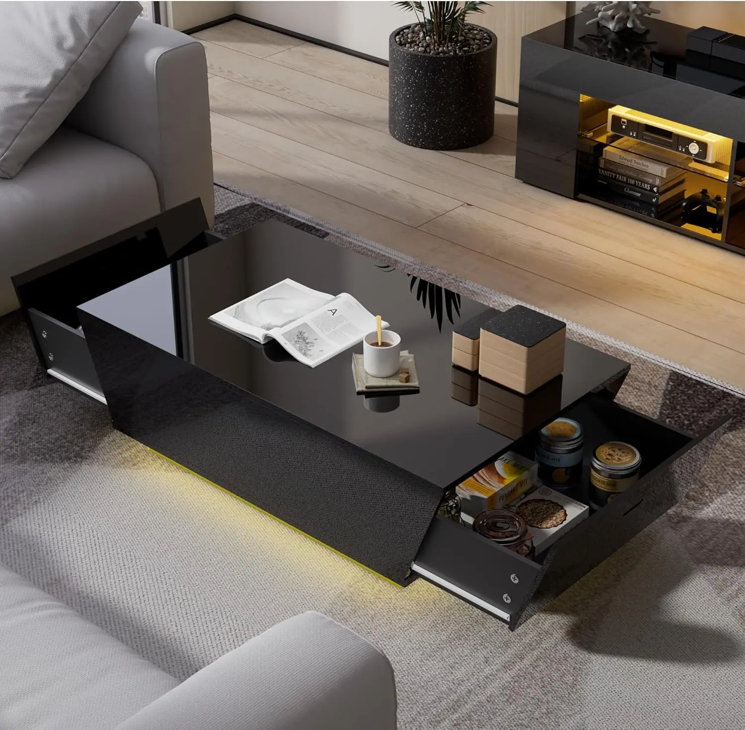 Black Modern Coffee Table with 12-Color LED Lights,High Gloss Contemporary Center Table with 2 Storage Drawers