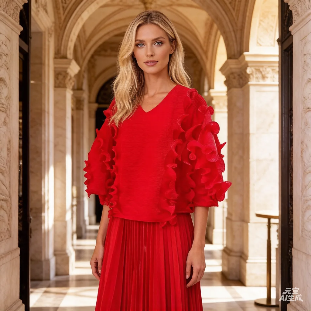 

Комплект из двух предметов: плиссированный топ с V-образным вырезом и рюшами свободного кроя и плиссированная юбка из коллекции Miyake Pleated Весна 2026 – женская модная двойка