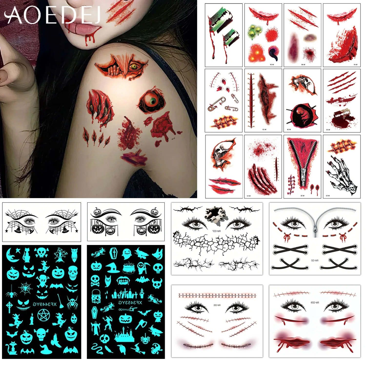 AOEDEJ 1PC Glow In Dark Halloween 3D Simulation Bloody Wound Scar Tattoo Sticker Ghost Skull Shape Halloween Makeup DIY Stickers