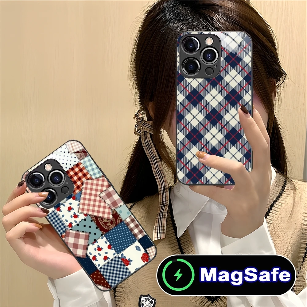 Lattice Grid Texture Mobile Cell Phone Case for iPhone 16 15 14 13 12 11 Pro Max Plus Mini MagSafe Wireless Charging Glass Cover