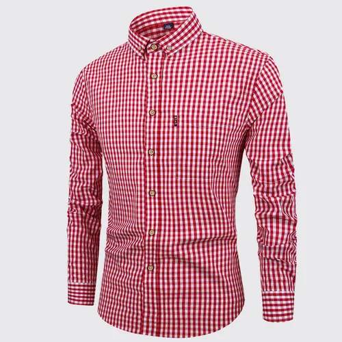 Camisa de manga larga para hombre 100% algodón talla americana a cuadros sin planchar informal de alta calidad transpirable de talla grande ajustada