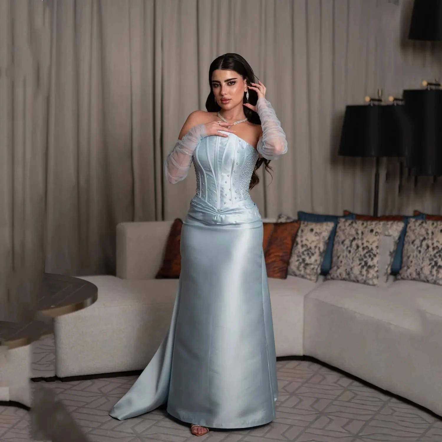 

Strapless Beaded Party Long Bespoke Occasion Gown Evening Dresses Pastrol Unisex Jersey Retro Dubai Saudi Arabic Prom Customized