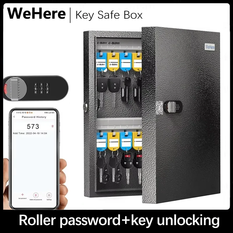 WeHere 32 Key Safe Box with Dual Lock, Combination & Key Unlock, Key Cabinet Wall Mount with Key Tag Label,App Key Directory ERP