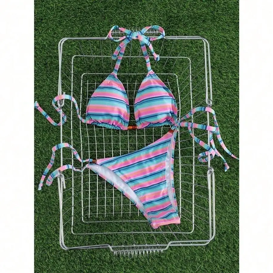 

Stylish Womens Striped Halter Tie Triangle Bikini Set For Beach Vacation Summer