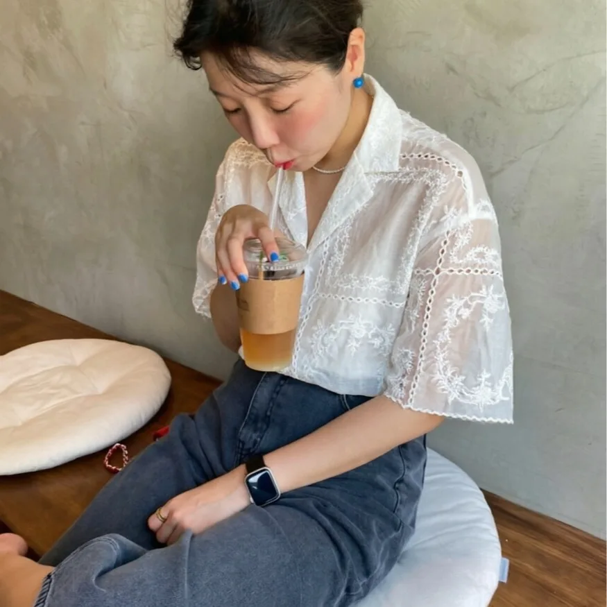 Nimo Home Korean Style Chic Versatile Fashion Embroidered Shirt Women's Short Sleeve Seamless Fabric Shirt Pure Color
