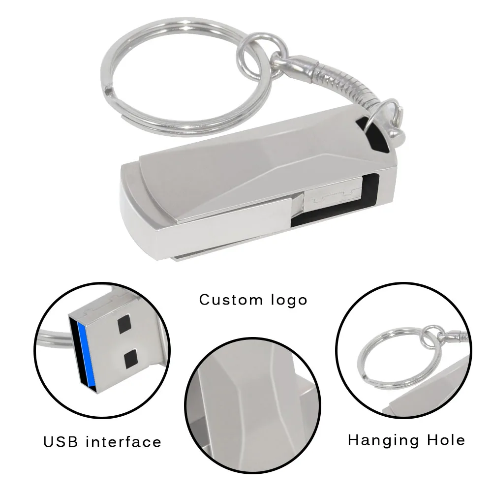 Stainless Steel USB 3.0 USB Flash Drive 128GB Rotation Pen Drive 16GB 32GB 64GB Pendrive USB Memory Stick with Keychain