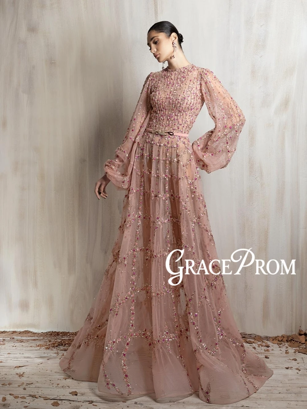 

GRACEPROM 2026 Dubai Luxury Handmade Evening Gown Muslim Long Puff Sleeve Beaded Sheer Tulle Formal A Line Dress For Wedding