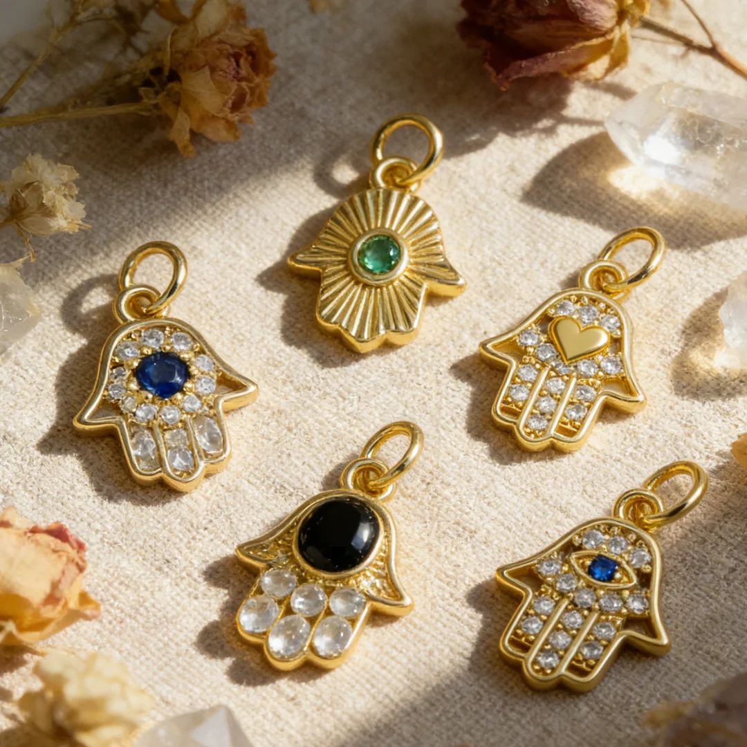 12Pcs Pendants Brass Cubic Zirconia Hamsa Palm Evil Eye Heart Retro Hollow Charms for DIY Jewelry Necklace Bracelet Accessories