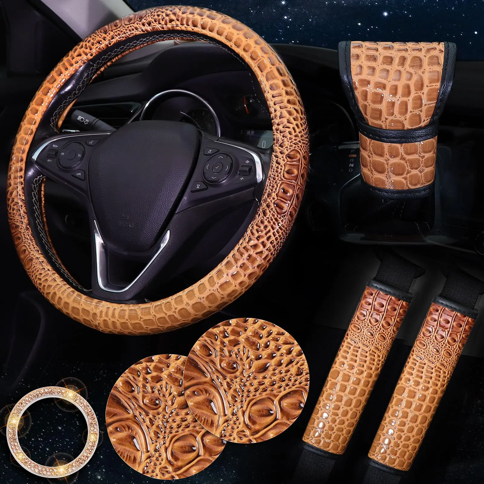 

7pcs Crocodile Print Steering Wheel Cover Set Universal Fit 15 Inch Faux Leather Car Interior Accessories Brown