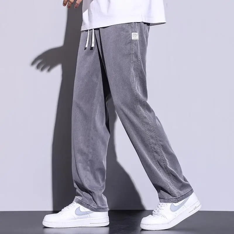 

Summer Thin Rayon Casual Pants Men's Trendy Loose Straight Leg Floor-Length Wide Leg Pants Belted Ice Silk Pants