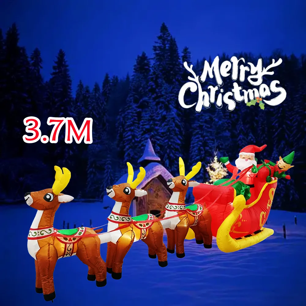 Christmas Inflatable Santa Claus Rides On A Sled Pulled By Three Reindeer, Carrying A Gift Box And Built LED,For Courtyard, Lawn