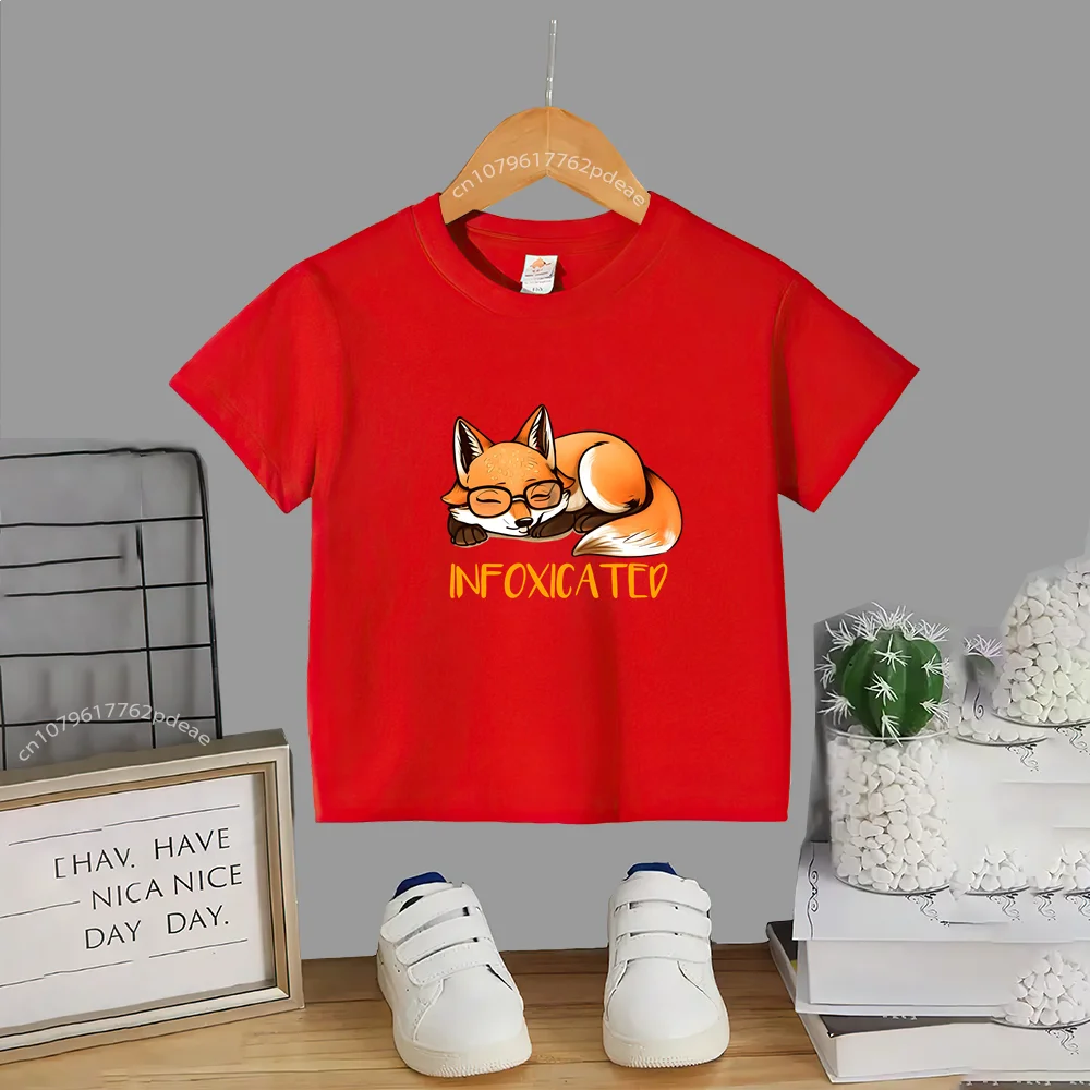 Kids Summer 100% Cotton T-shirt Lazy Little Fox Print Teen Casual Cotton T-shirt Boys Girls Comfortable short sleeve top