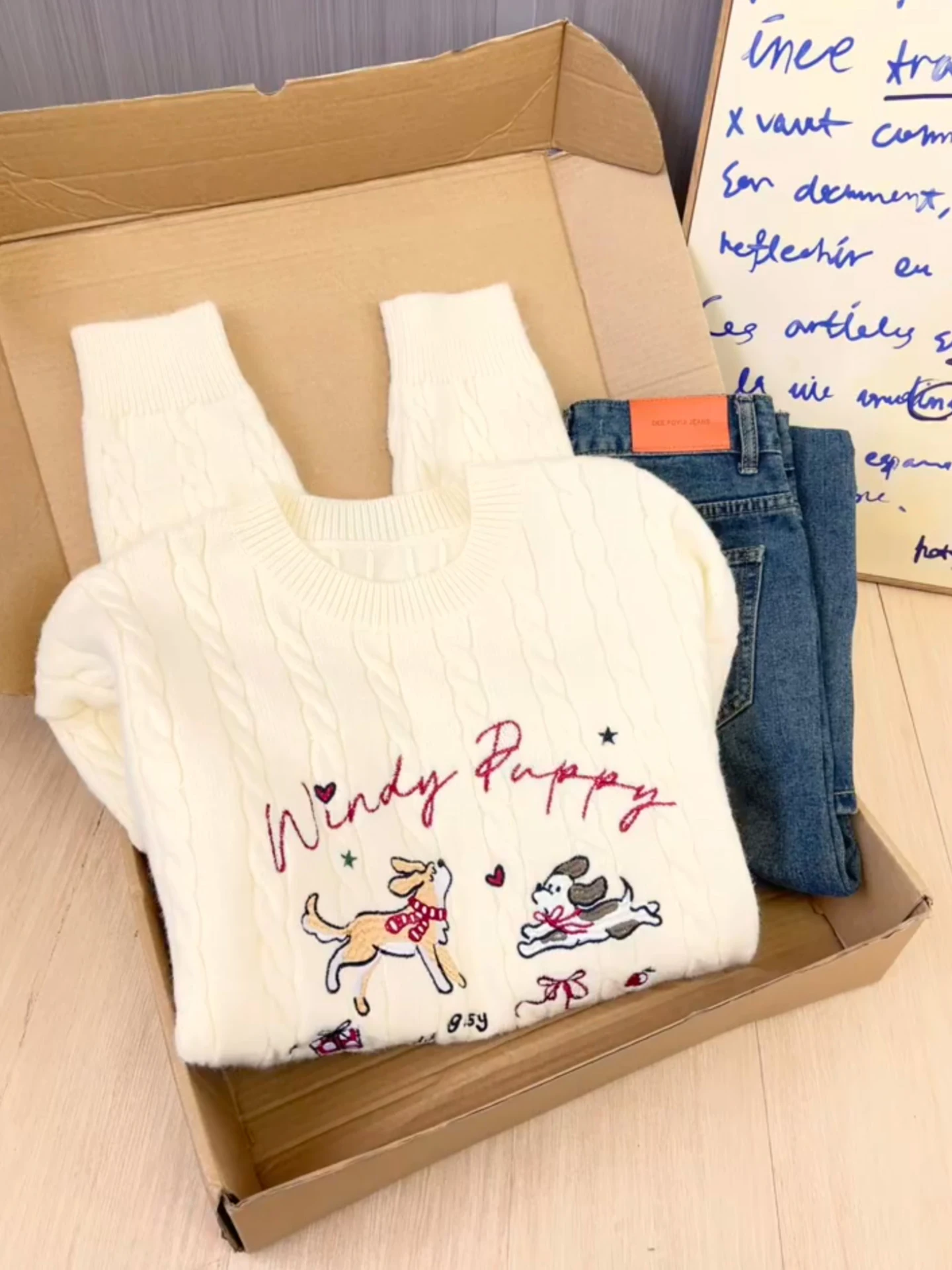 Sle coreano redondo Ne bonito desenho animado cachorro bordado trabalho pesado malhas feminino solto emagrecimento inverno nova chegada macio longo S...