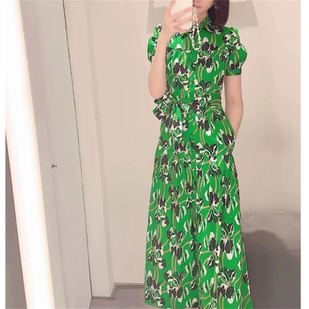 

Floral Print Women's Green Midi Dress Turn-down Collar Short Sleeve Single-breasted Slim A-line Long Robe