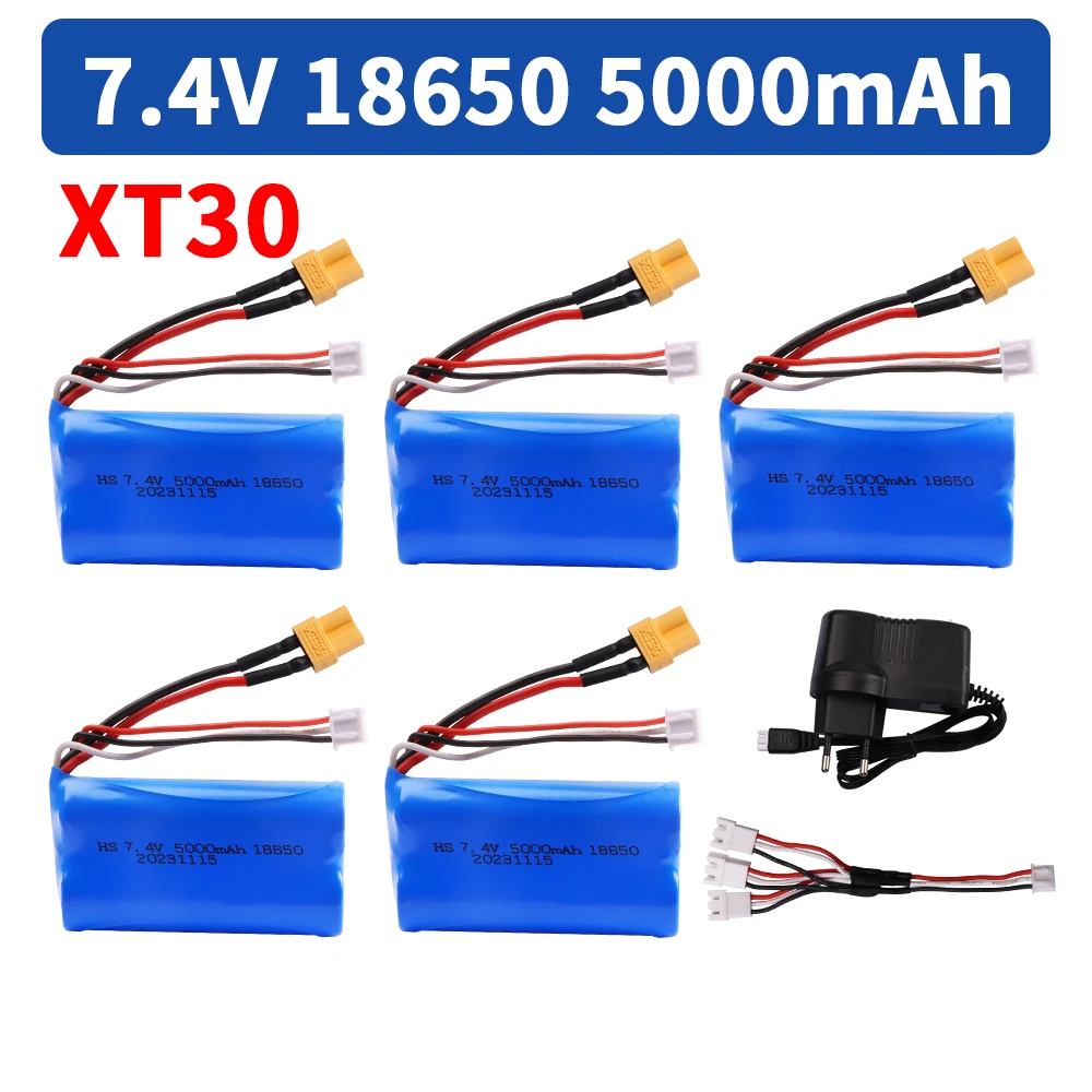 Akumulator litowo-jonowy 18650 7,4 V 5000 mAh XT30 z wtyczką i ładowarką do Huina580550 583 582 Samochody RC Drone Części zamienne do zabawek Bateria