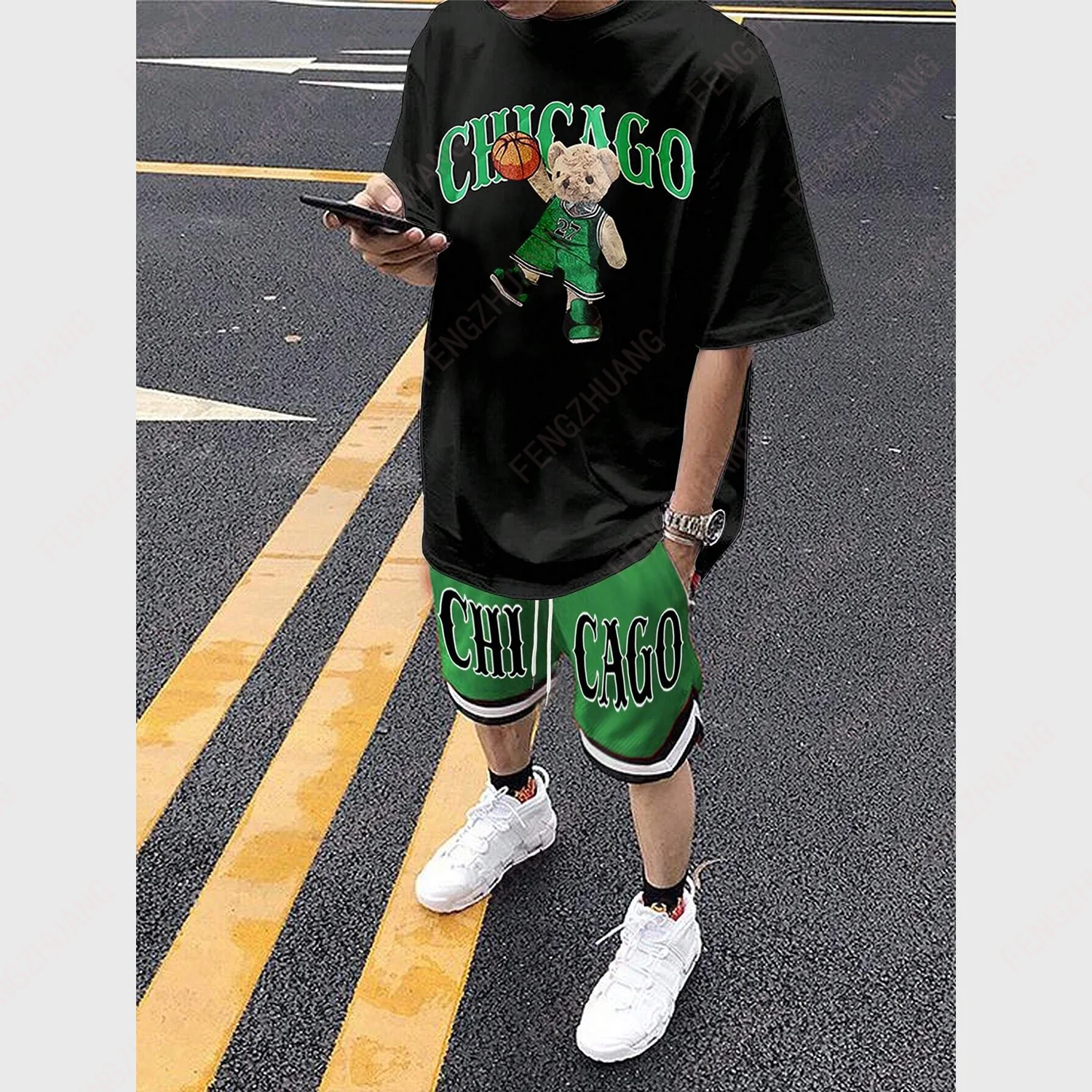 Casual Letter & Bear Print Oversized T-Shirt And Basketball Shorts Set Casual Loose With Drawstring Waist Shorts Daily Wear Set