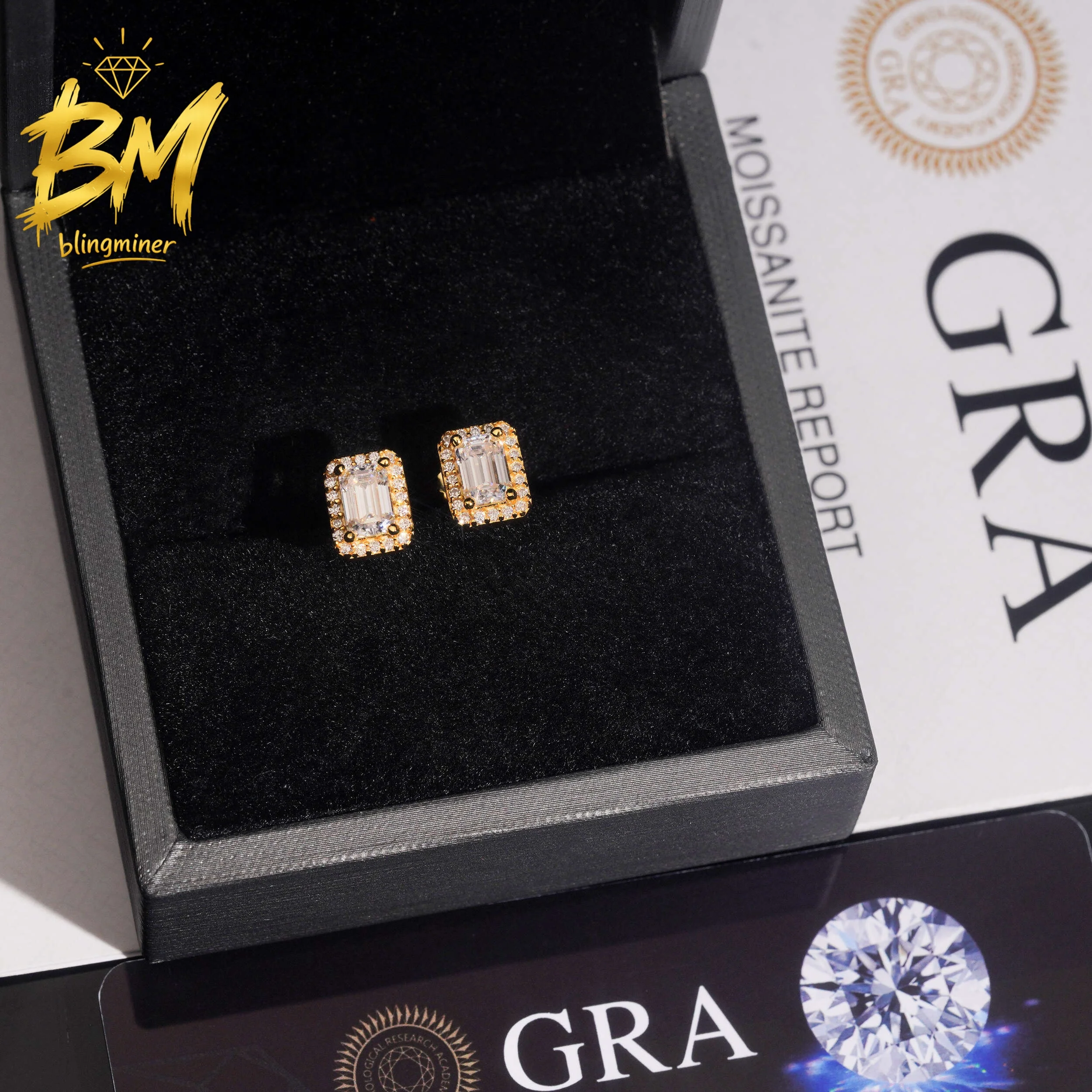 Blingminer Emerald Cut 4*6mm VVS Moissanite Earrings For Men Women S925 Silver Ear Studs Jewelry Pass Diamonds Tester Free Shipp
