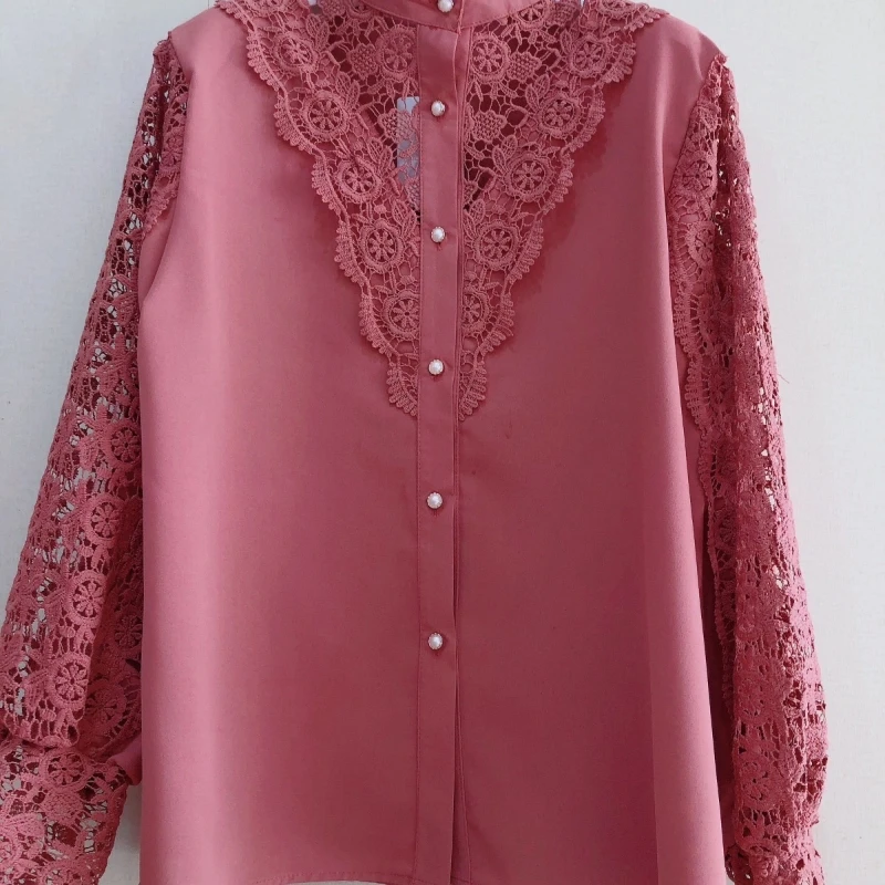 2024 Spring and Autumn New Arrivals Stand Collar High-grade Shirts Spliced Lace Hollow Out Fashion Women\'s Solid Color Slim Tops