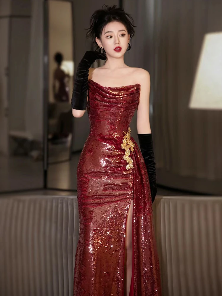 

Ele Red Fi Tail Evening Gown with Beads for Wedding Par Performance Long Svel Women's Dr Snowbillion Brand