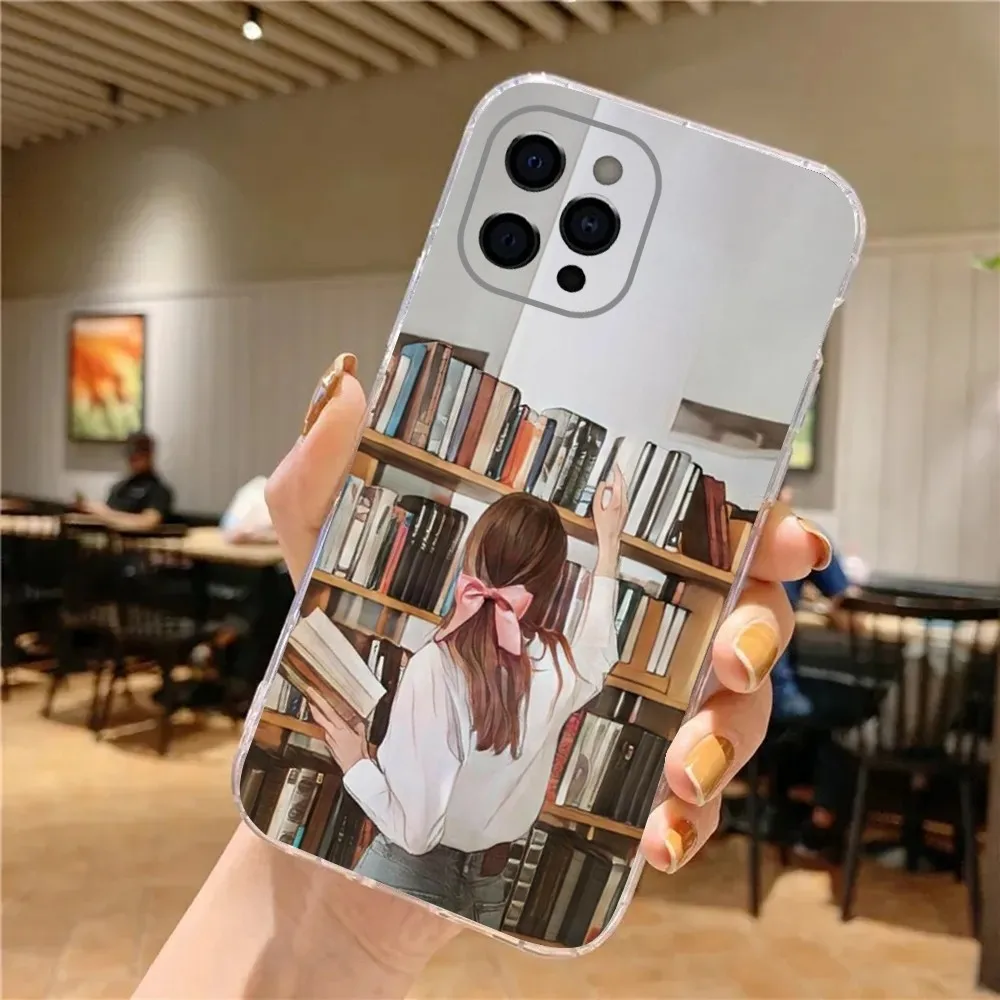 Capa de telefone para meninas, estante de leitura para iphone 15,14,13,12,11 plus, pro, max, xr,xs, x,7,8 plus, se, mini capa macia transparente