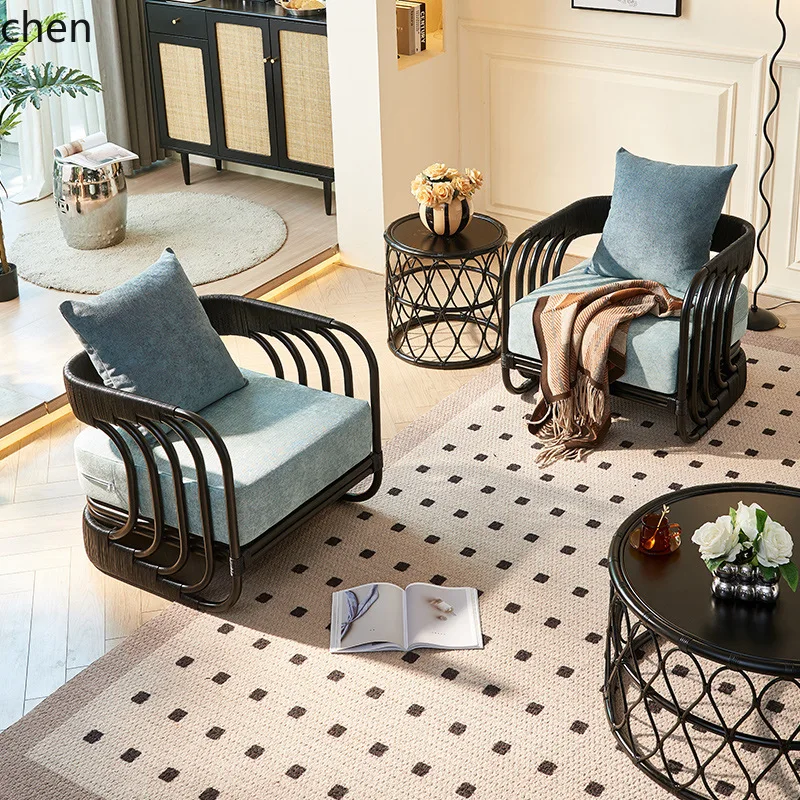 HXL Plant Woven Rattan Chair Three-Piece Set Bedroom Single Sofa Chair Coffee Table Set