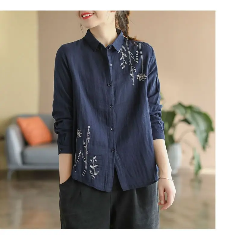 Spring and Summer New Cotton and Linen Top Simple Artistic Women\'s Long Sleeved Shirt Loose Embroidered Shirt Women