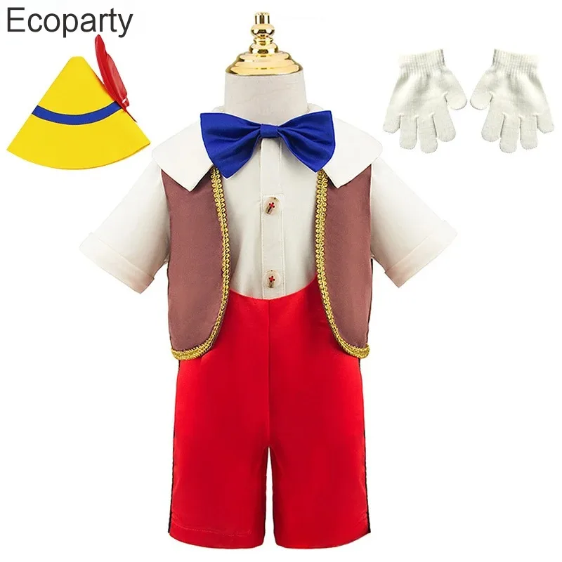 New Baby Boy Pinocchio Cosplay Suits Movie Shirt Pants Vest Sets With Hat 1-6 Years Halloween Anime Character Puppet Outfits