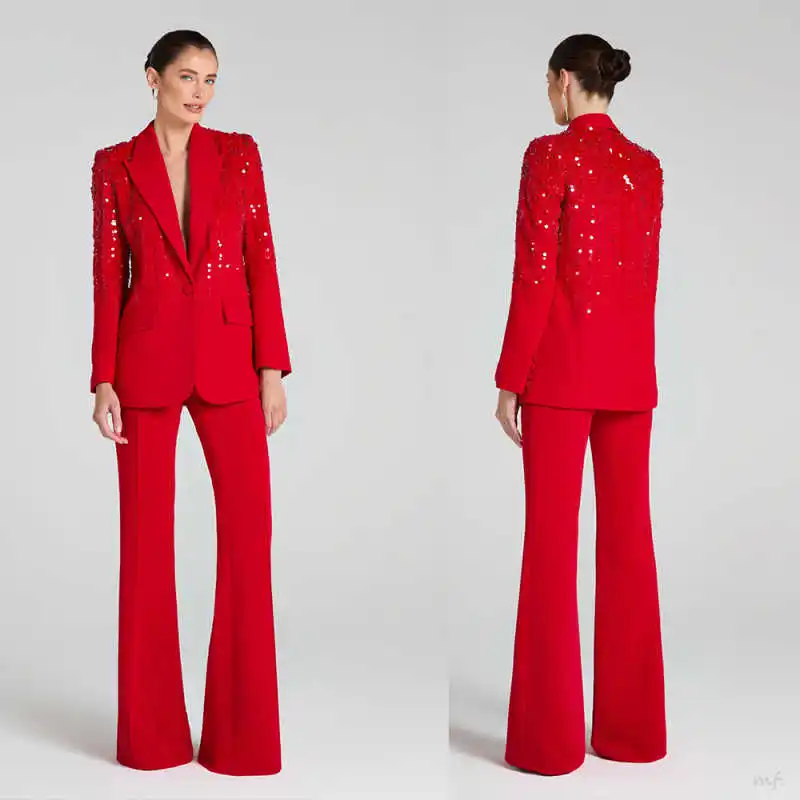 

Shiny Sequins Women Suits Deep V Neck Peaked Lapel Jacket Blazers Plus Size 2 Pieces Dinner Party Customized Wear