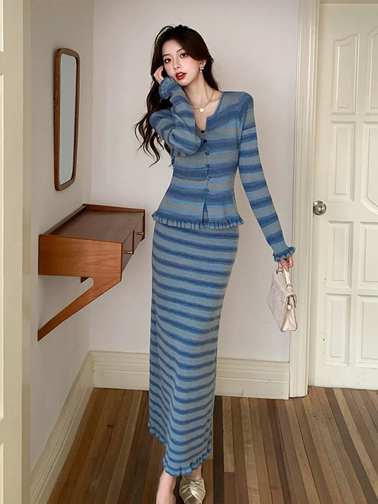 Korean chic Knitted striped suit for women 2024 autumn winter new edge Knitted top and high waisted long skirt Two Piece sets