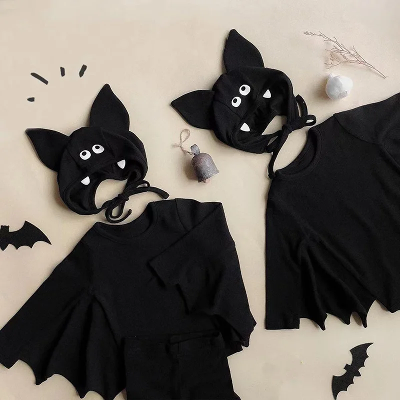 2024 New Baby Halloween Clothes Set Boys Girls Cute Bat Sleeve Bodysuit + Hat  Toddler Fashion Kids Halloween Party Clothing