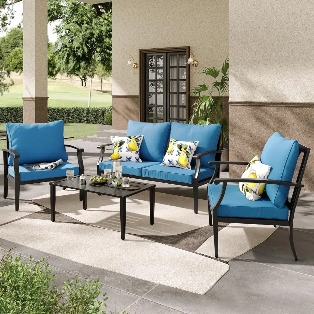 

4 Pieces Patio Furniture Set w/loveseat,Coffe Table,Outdoor Metal Sofa with High Back and Thick Cushion,for Backyard,Garden