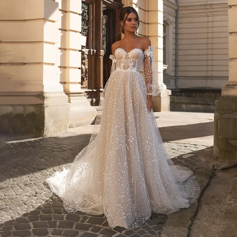 

2024 Sweetheart Strapless Detachable Puff Sleeves A-Line Wedding Dress For Bride Backless Glitter Dot Tulle Robe De Marié