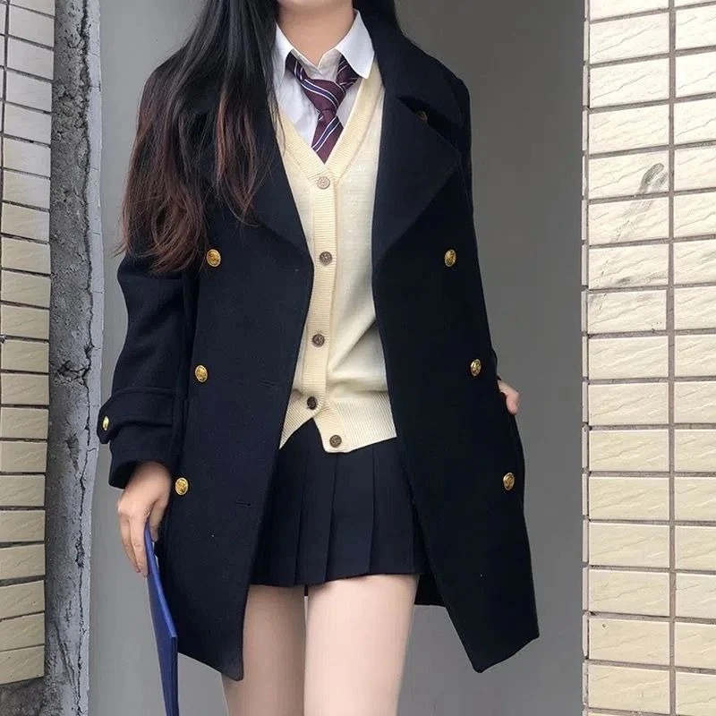 

2025 New Fashion JK Style Wool Coat Double Breasted Mid Length Academic Blazer for Women