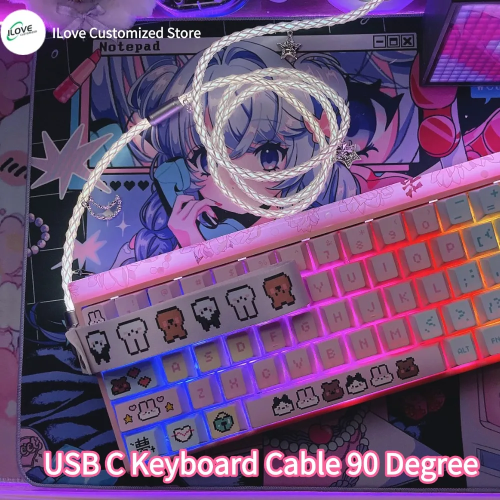 USB C كابل لوحة المفاتيح 90 درجة زاوية واحدة كريستال النحاس توهج كابل لوحة المفاتيح دعم 8k ل AULA HERO 68HE 80HE #3