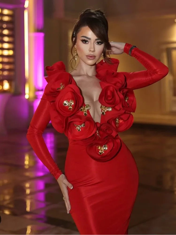 Femmes Sexy à manches longues fleur noir rouge hiver Maxi longue moulante robe de pansement 2025 élégant soirée Club robe de soirée
