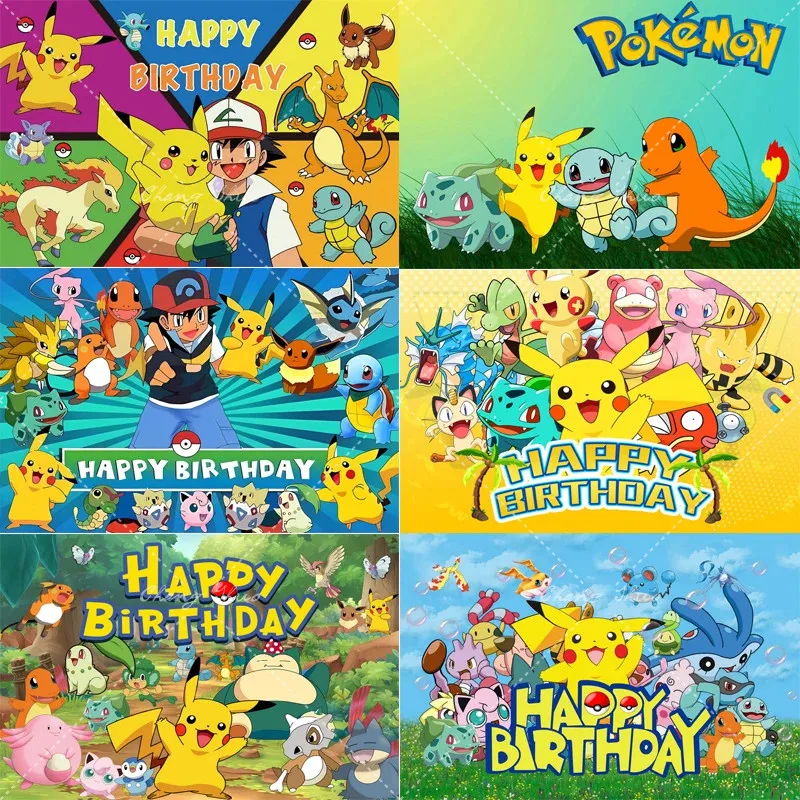 Happy Birthday Party Pokemon Backdrop Decoration Kids Boy Baby Shower Pikachu Anime Photography Background Banner Vinyl Poster