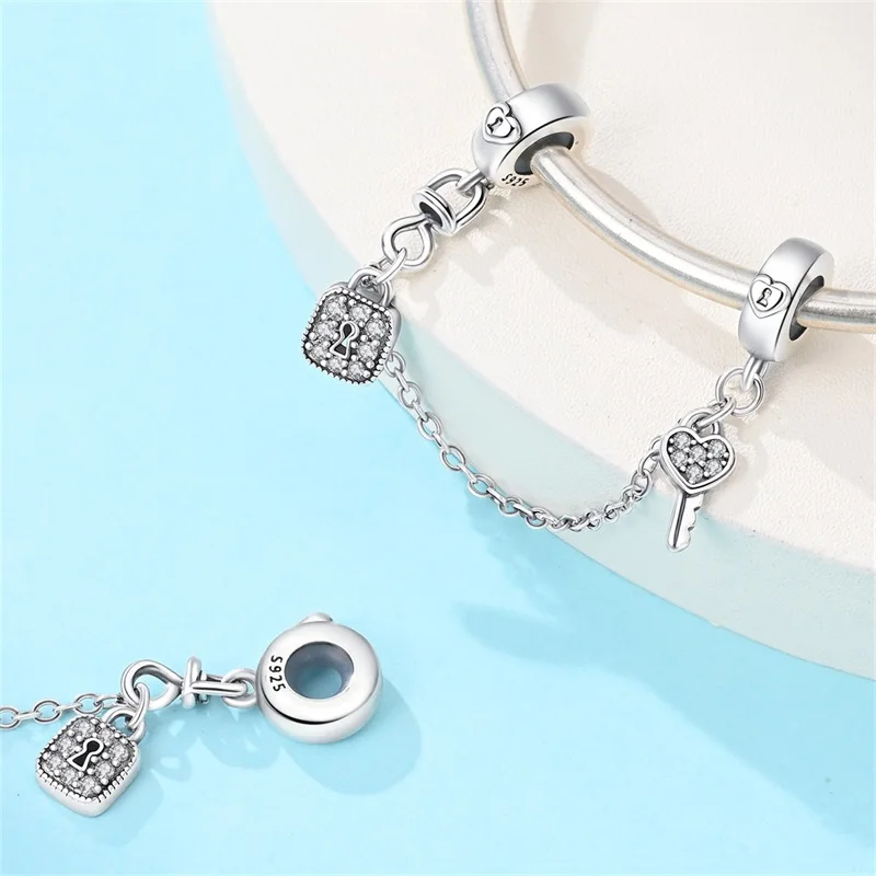 

Hot Sales 925 Sterling Silver Key Lock Safety Chain Charms Fit Original Bracelet DIY For Women Birthday Popular Jewelry Gifts